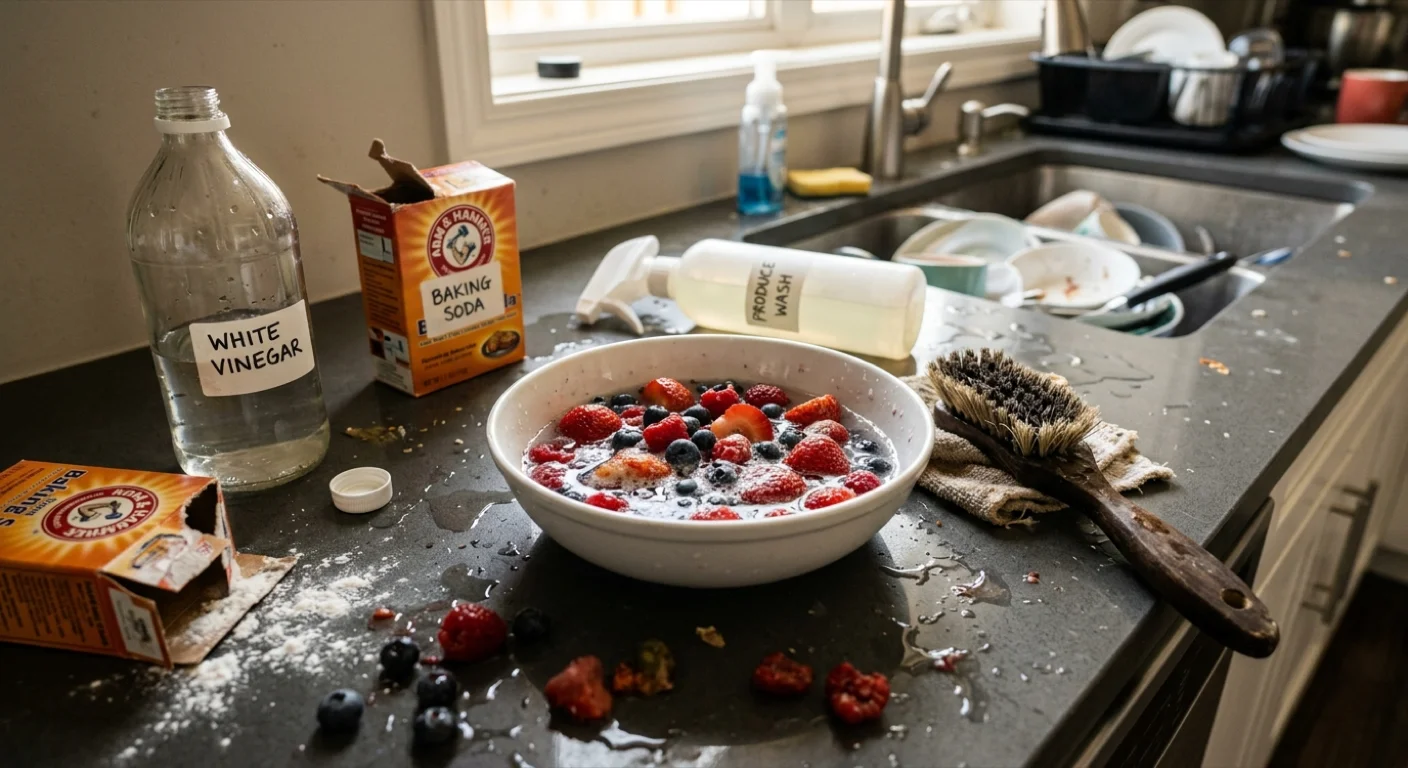 [800x419 ~2:1] Kitchen counter cluttered with failed produce cleaning attempts — vinegar bottle, baking soda box, produce wash spray, scrub brush, bowl of half-cleaned berries