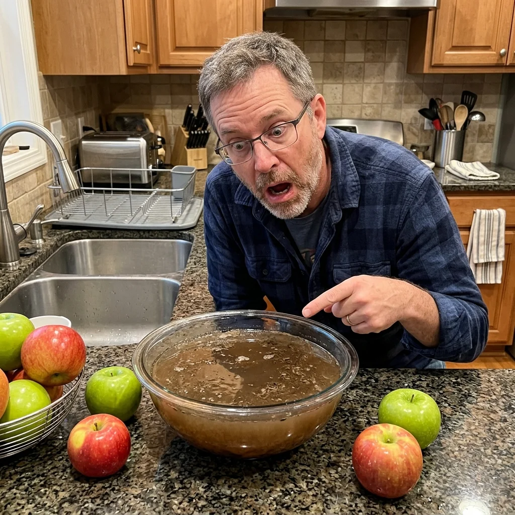 [16:9] Man looking surprised at bowl of dirty water after PurePod cleaning, apples on counter