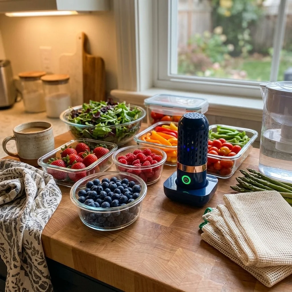 [16:9] Kitchen counter with Sunday meal prep scene, bowls of clean berries, PurePod device visible