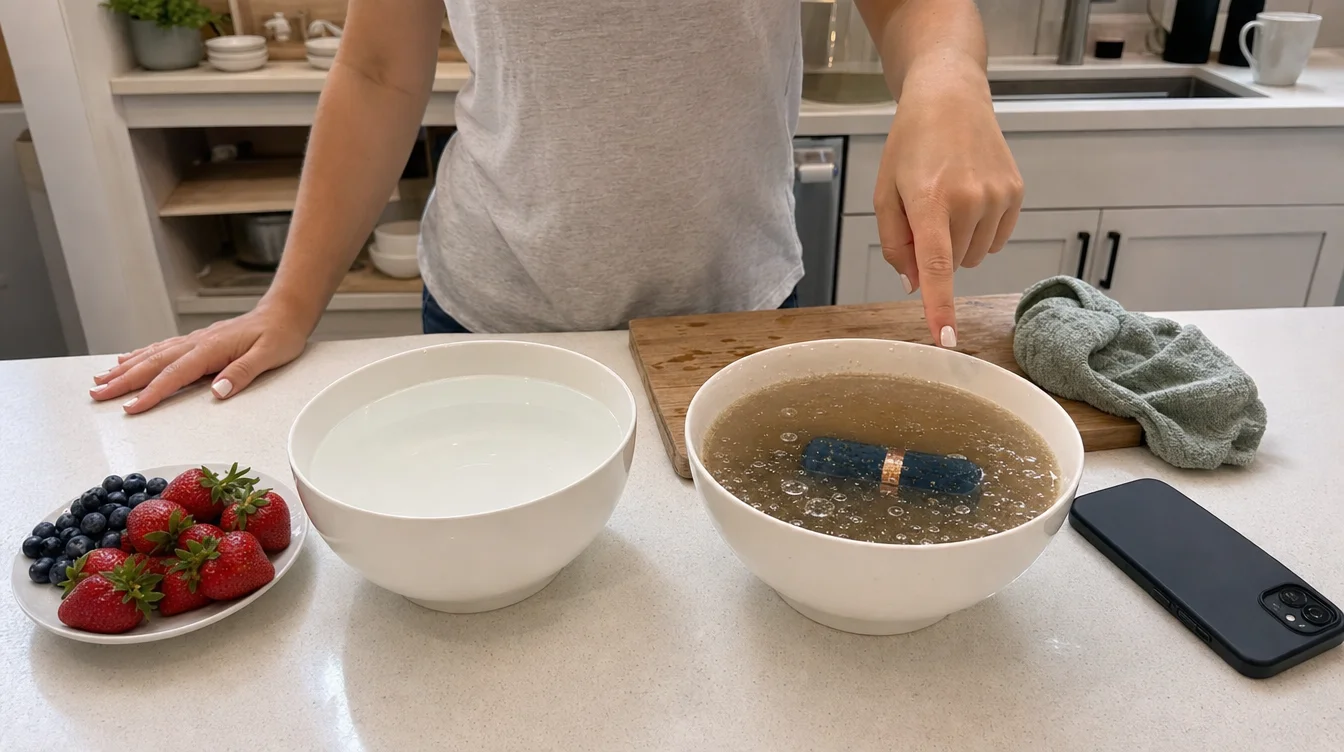 [800x419 ~2:1] Close-up of a bowl of water with cloudy brown residue and oily film floating on surface next to fresh strawberries on a kitchen counter