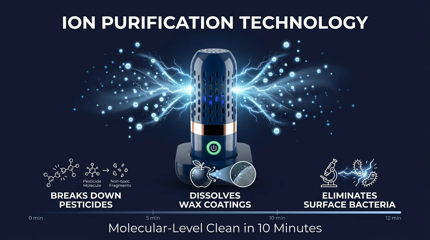 [580x400] Diagram showing Ion Purification Technology — ions breaking molecular bonds between pesticide residues and produce surface, contaminants releasing into water
