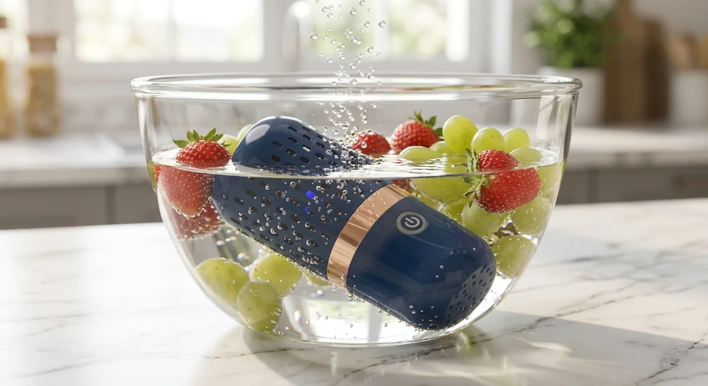 [800x419 ~2:1] PurePod device sitting in a glass bowl of water with produce on a clean kitchen counter