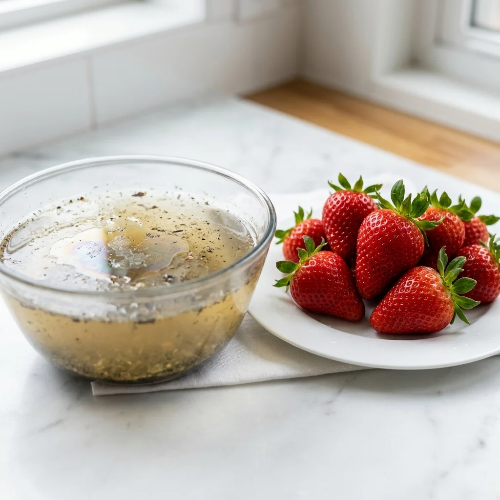 [600x314 ~2:1] Glass bowl showing cloudy brown water with oily film after PurePod treatment, strawberries removed and sitting clean on a plate beside it