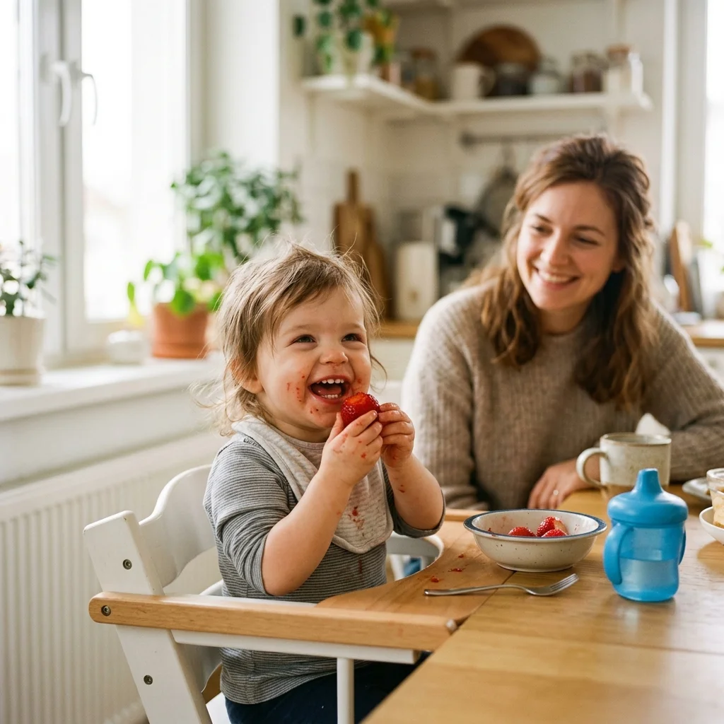 [600x314 ~2:1] Happy toddler eating a strawberry at the kitchen table, mother smiling in the background, warm family scene