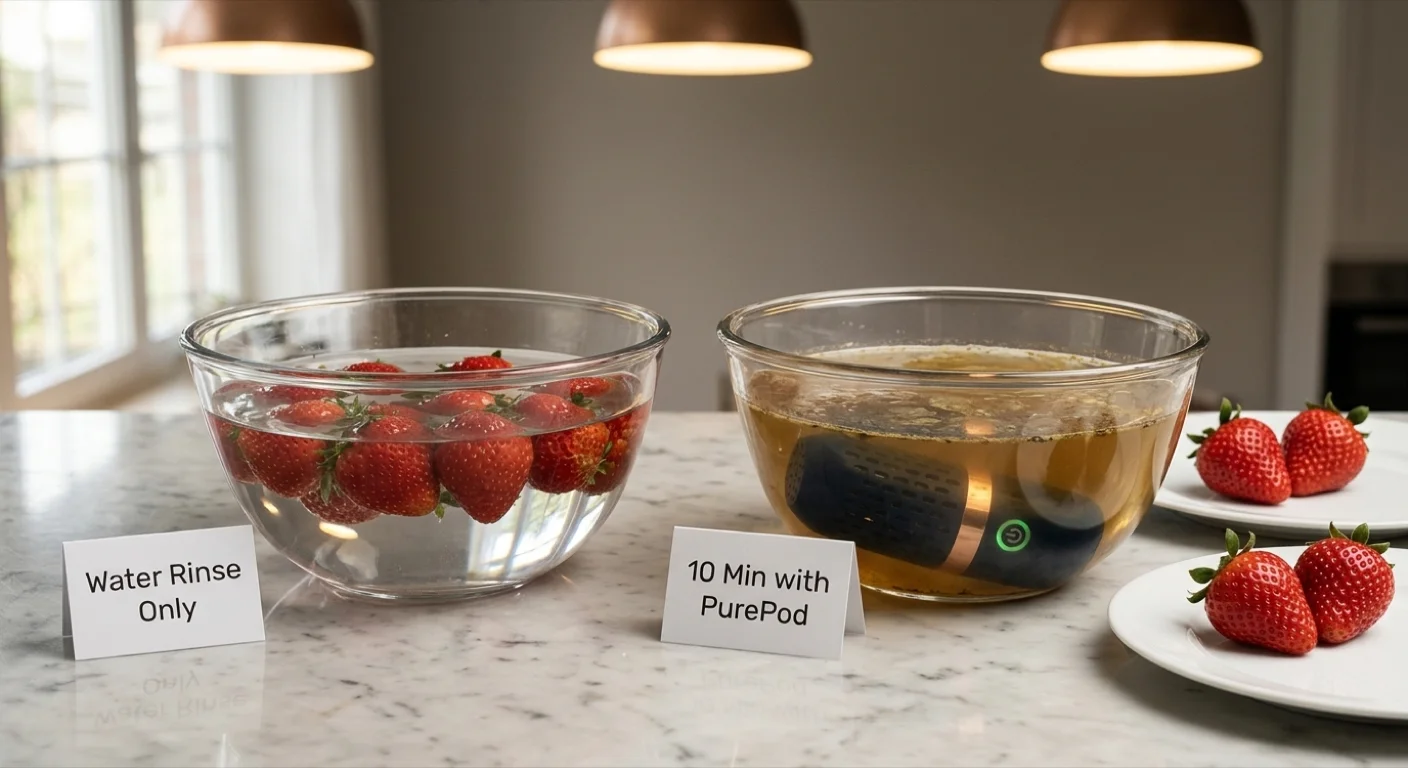[800x419 ~2:1] Close-up of fresh produce on a kitchen counter with visible waxy sheen under bright light, conveying hidden contamination