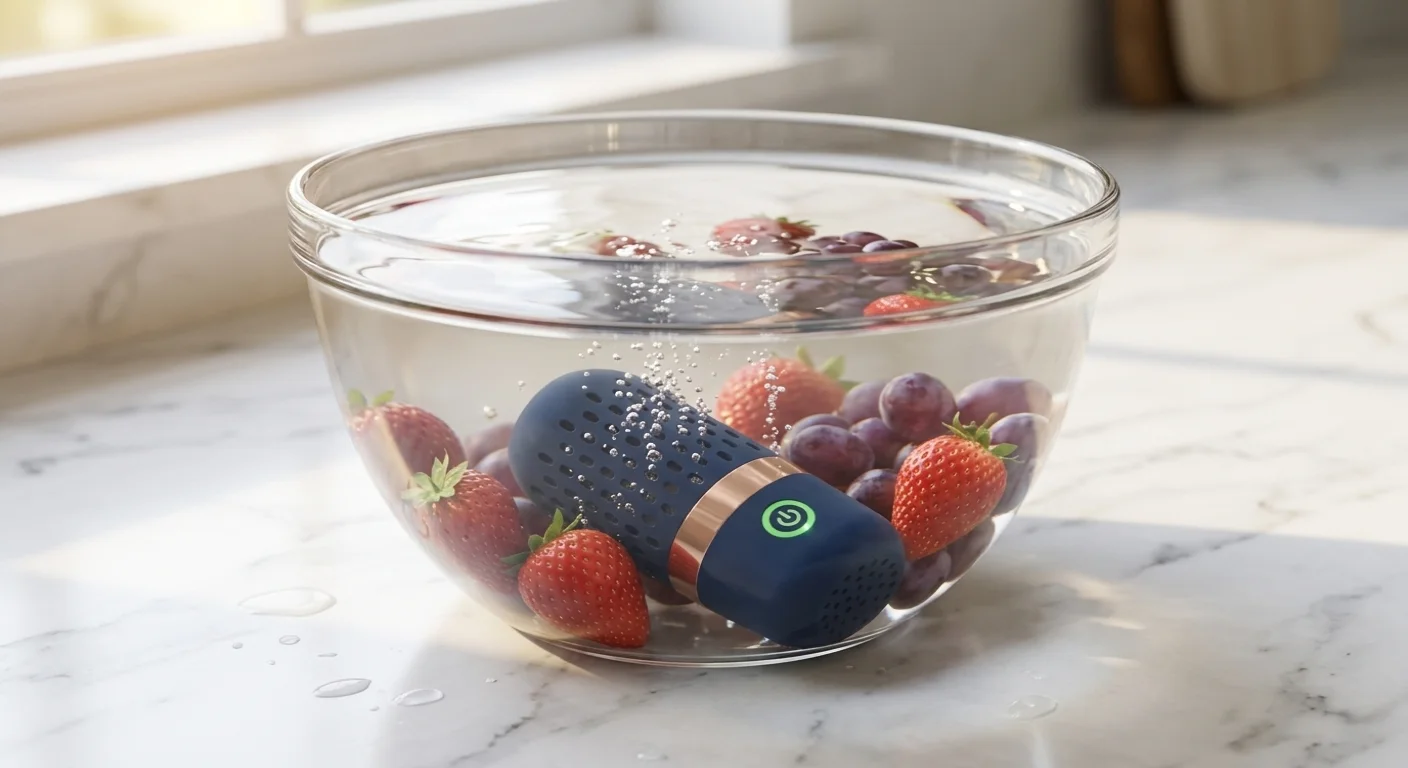 PurePod capsule submerged horizontally in glass bowl of water with strawberries and grapes, bubbles rising from perforated top